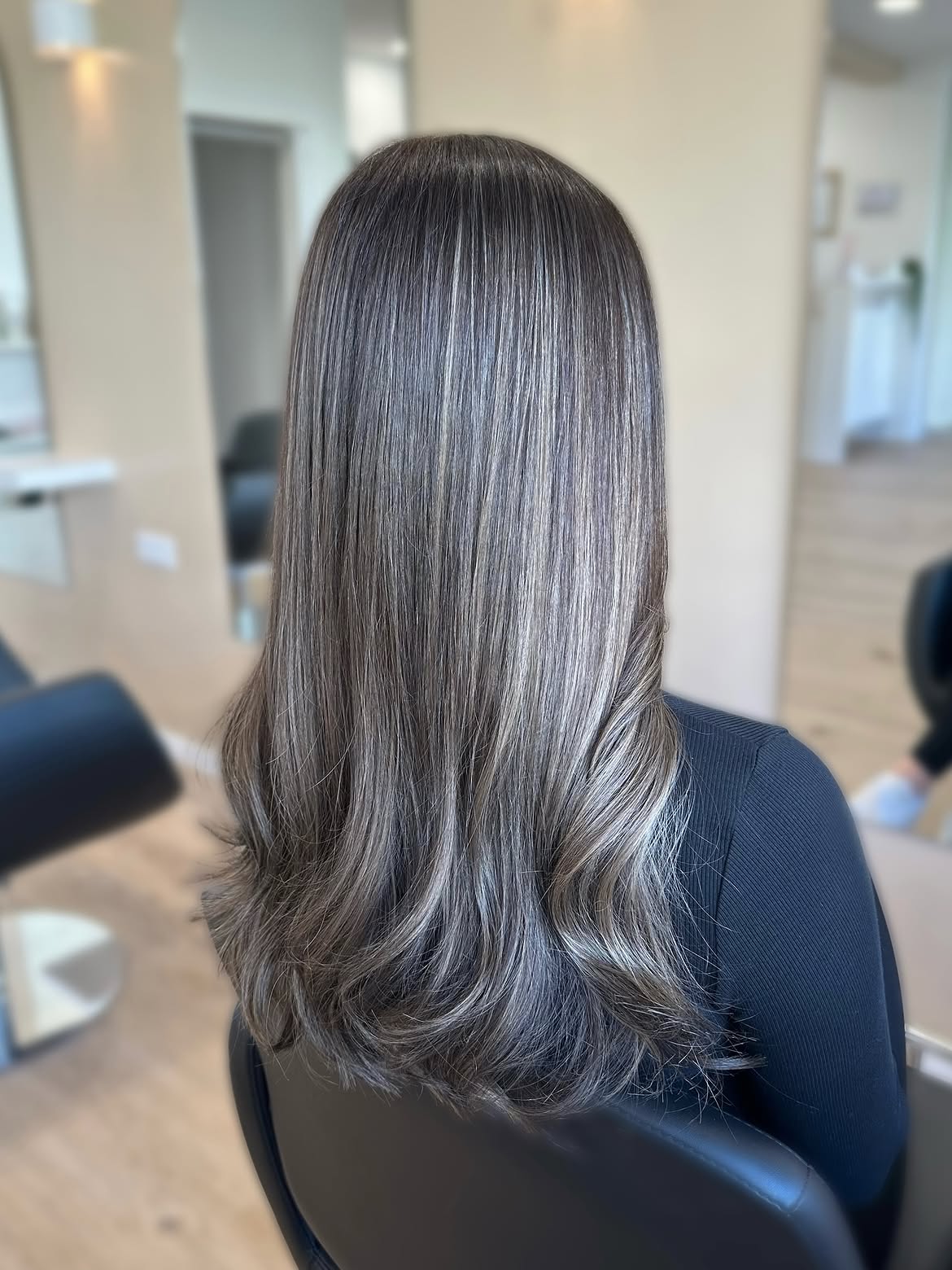22. Icy Dimensional Highlights on Long Dark Hair