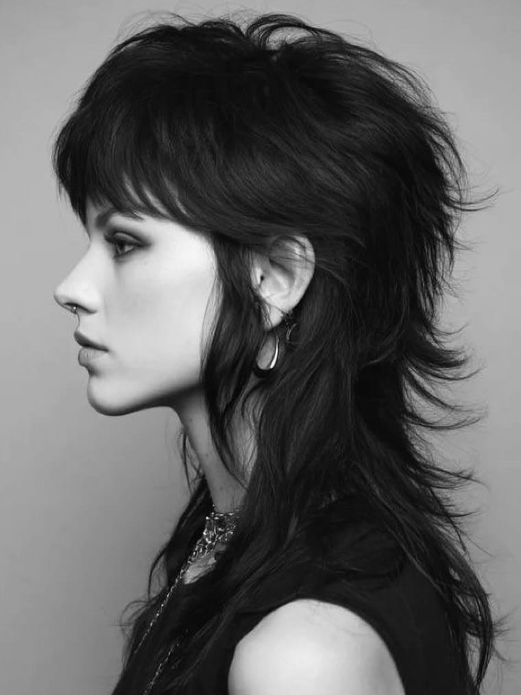 24. Jet Black Razor Shag Mullet with Heavy Fringe