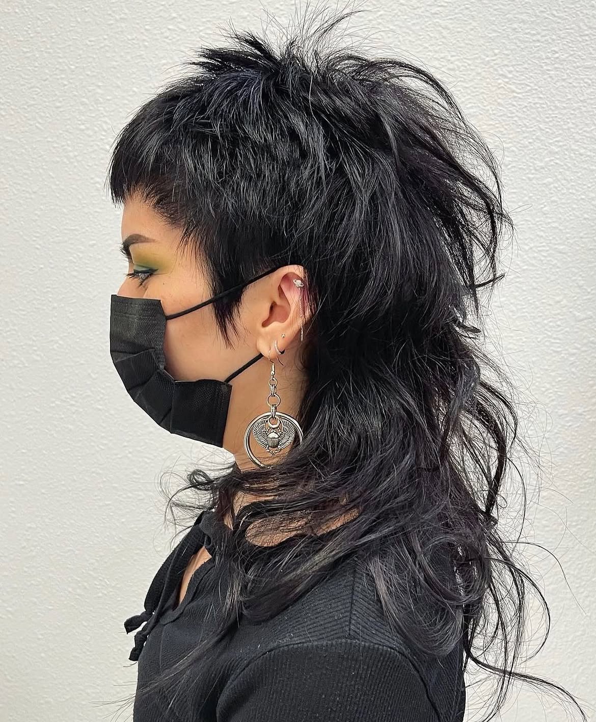 17. Jet Black Shag Mullet with Micro Bangs