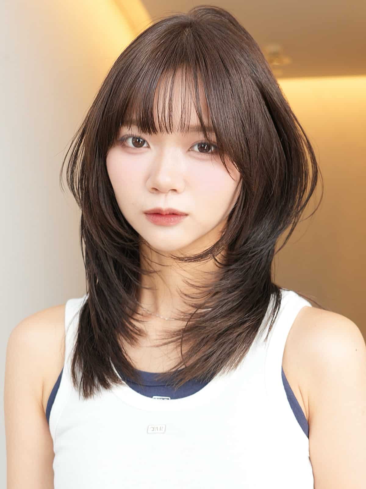 19. Layered Feathered Bottleneck Bangs
