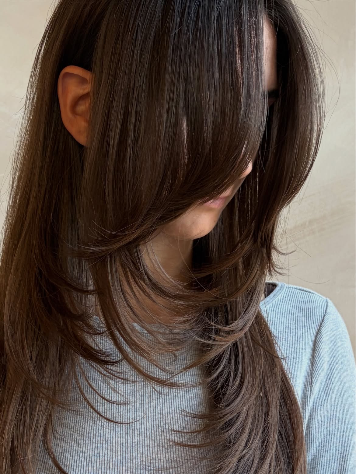 45. Long Brunette Butterfly Layers with Swoopy Curtain Bangs