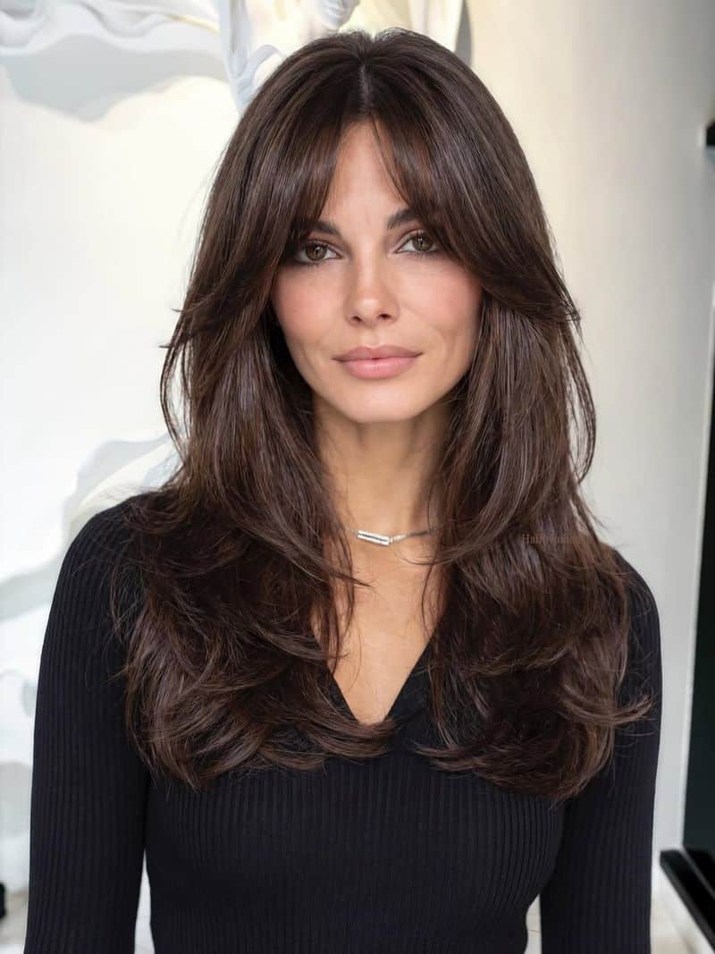 7. Long Butterfly Layers with Center-Parted Bangs