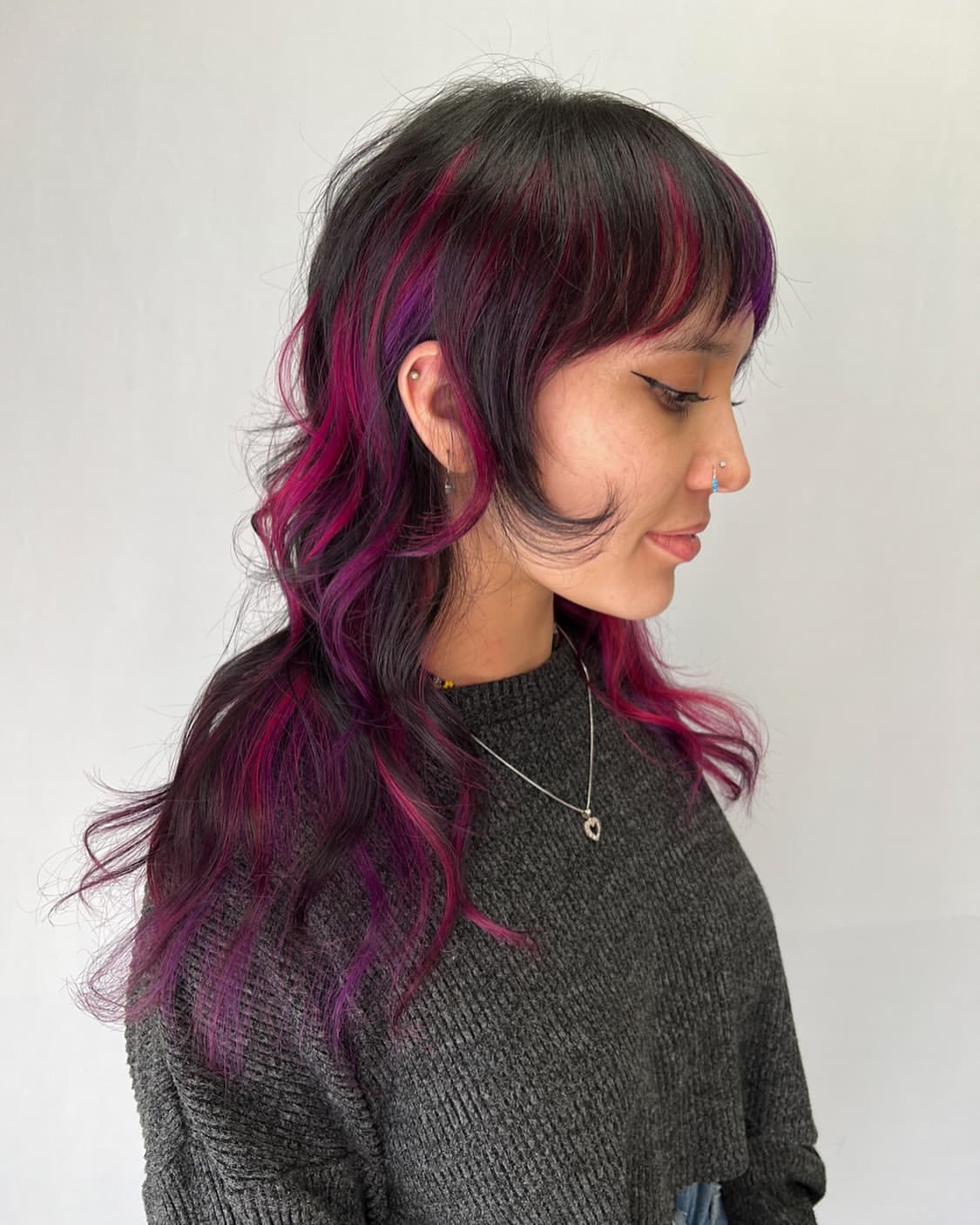 33. Magenta Peekaboo Shag Mullet with Wispy Bangs