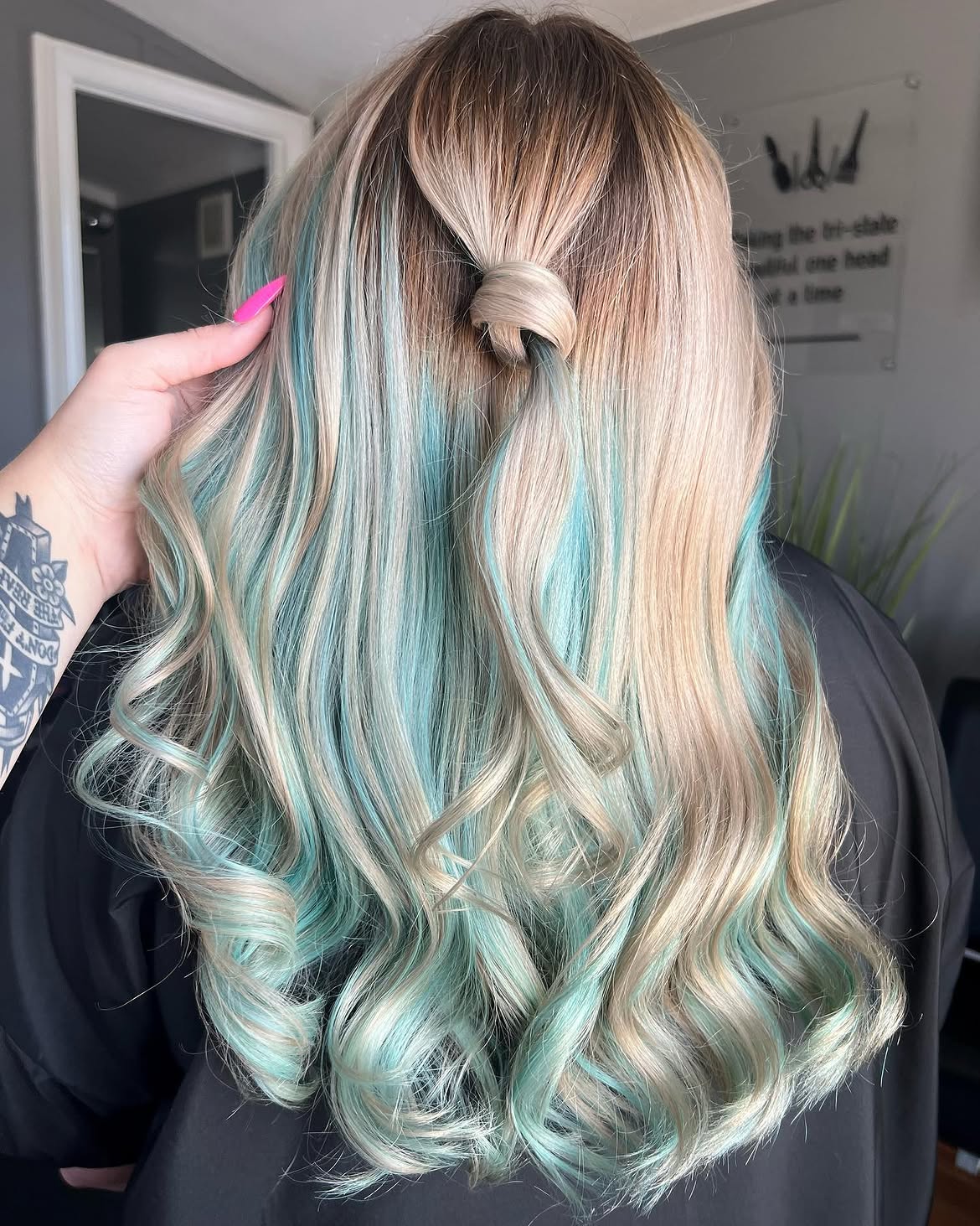 2. Pastel Blue Dip Dye Waves with Knot Half-Up