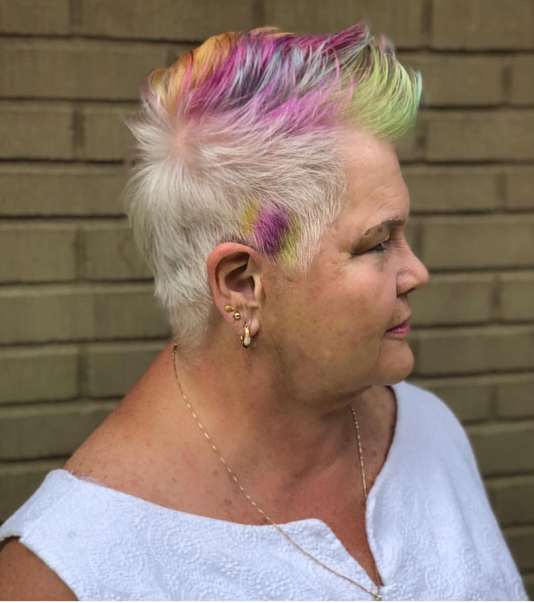 18. Pastel Fauxhawk Pixie with Lime and Magenta Streaks