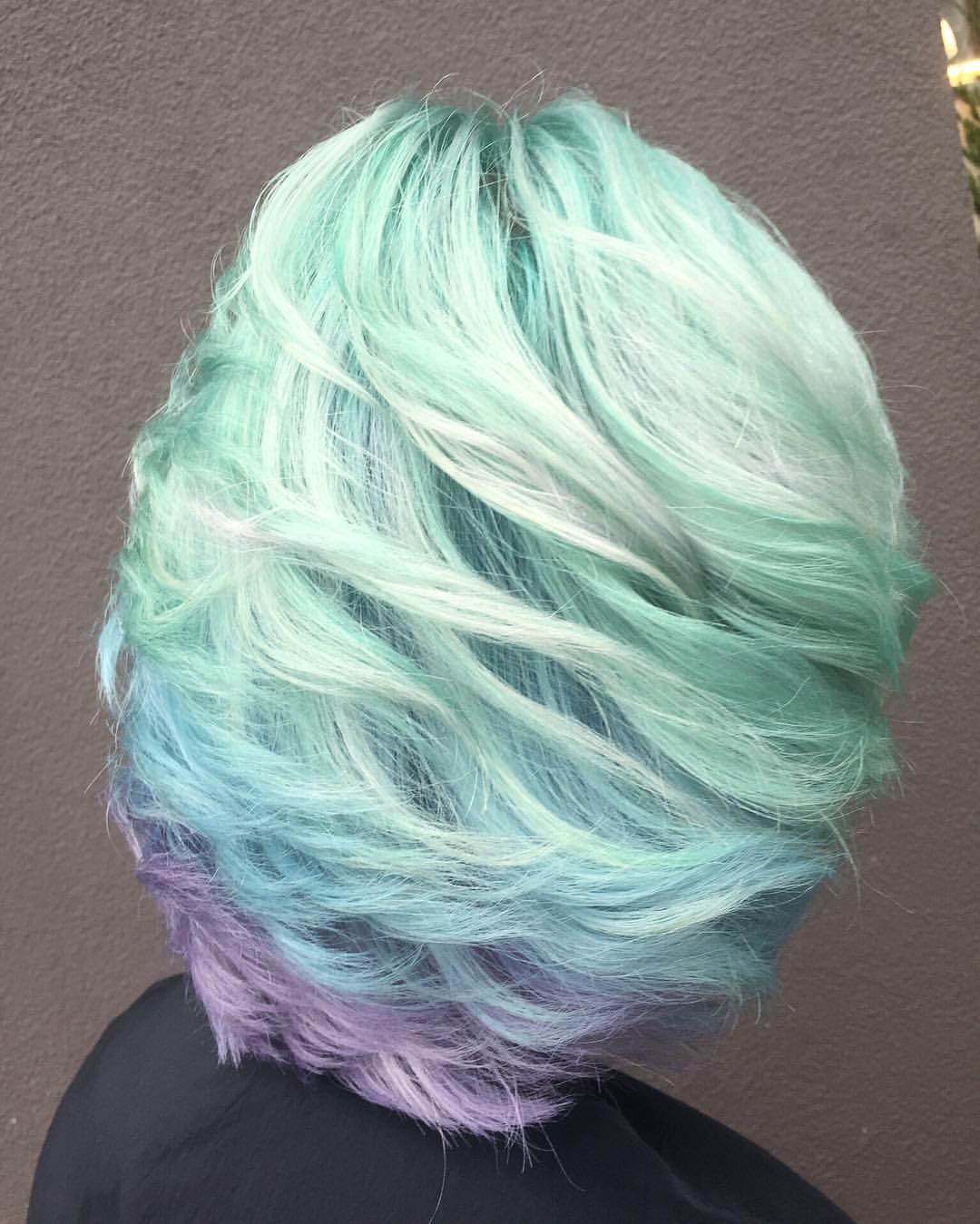 37. Pastel Mint Layered Bob with Lavender Tips