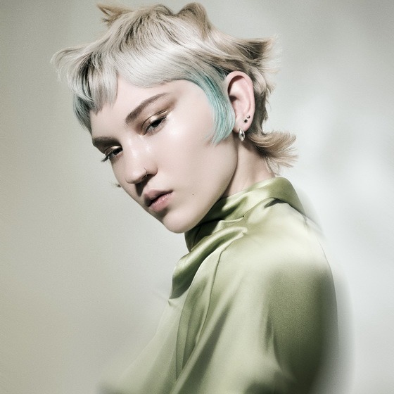36. Platinum Shag Pixie with Mint Sideburn Streaks