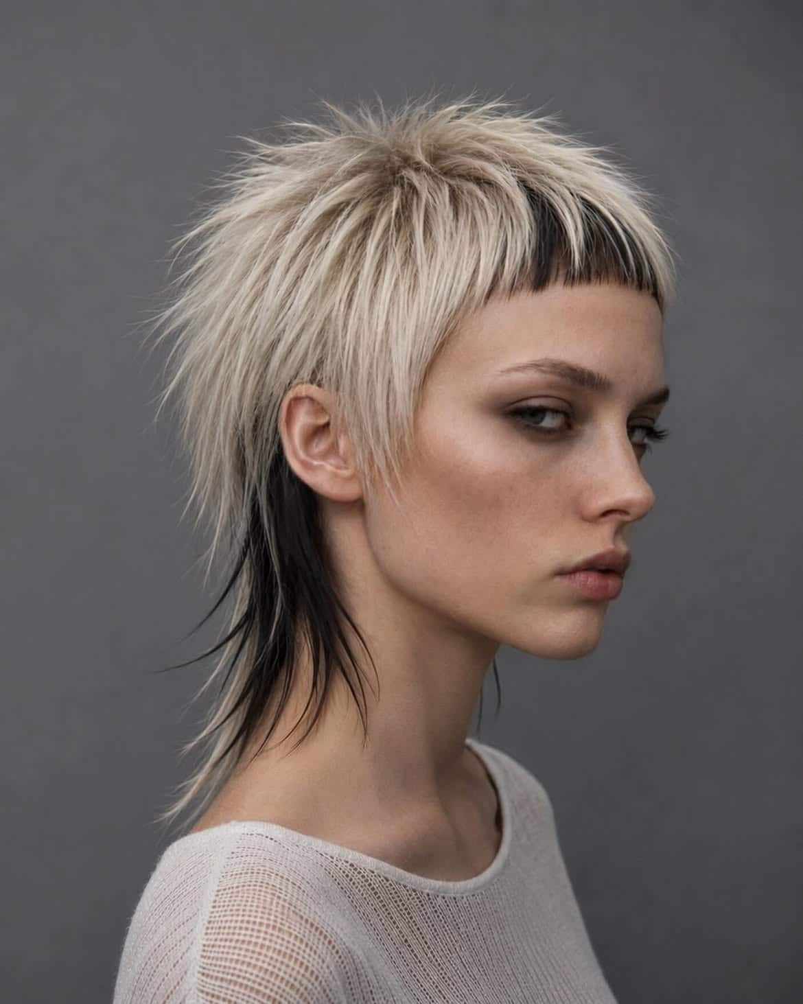 21. Platinum Shaggy Mullet with Dark Nape and Baby Bangs