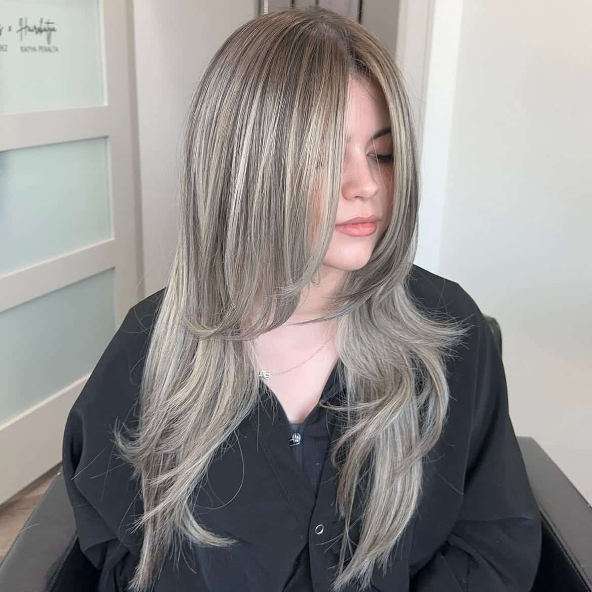 47. Root-Smudged Long Layers with Curtain Bangs
