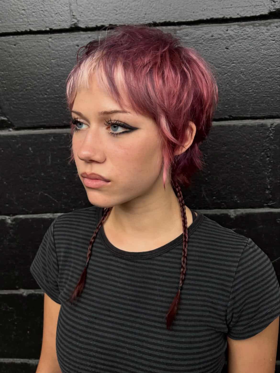 35. Rose-Pink Micro Shag Mullet with Braided Tails