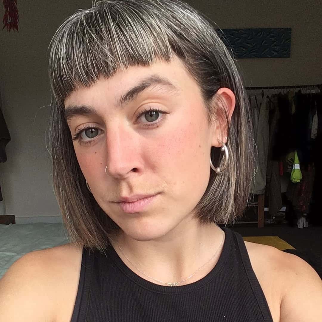 2. Salt-and-Pepper Bob with Micro Bangs