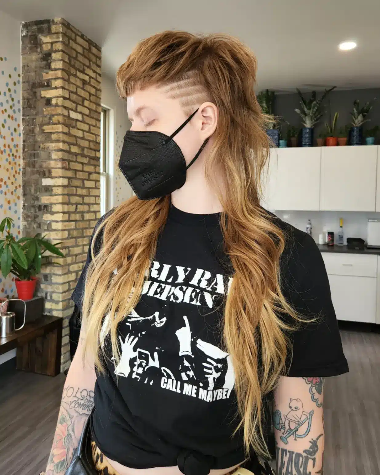 35. Shaved Temple Long Mullet with Baby Bangs
