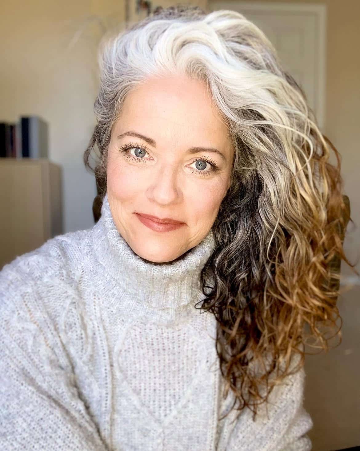 8. Side-Swept Silver Grombre Curls