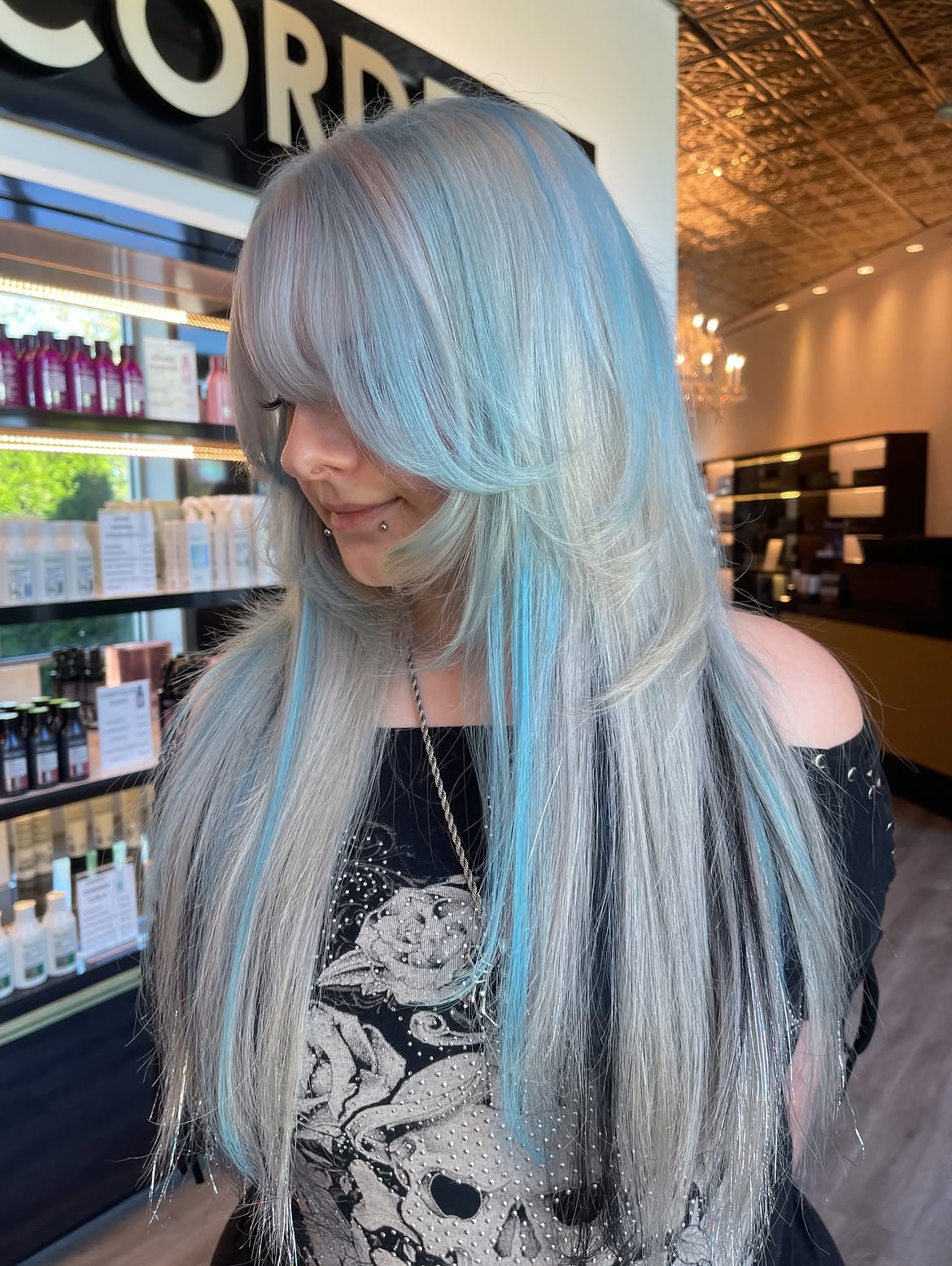 30. Silver Frost Layers with Electric Blue Streaks