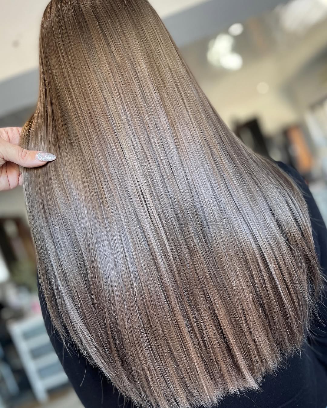 30. Silvery Ash Balayage on Long Straight Strands