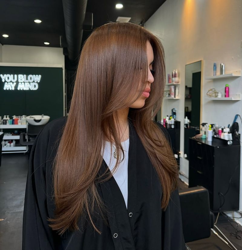 73. Sleek Chestnut Blowout with Face-Framing Layers