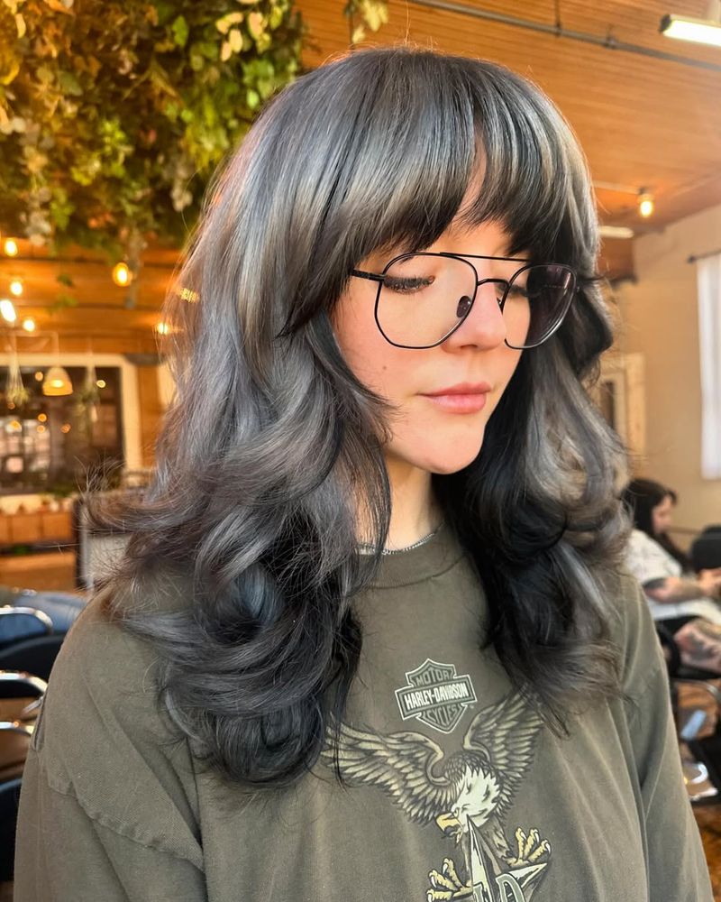 55. Smoky Blue-Grey Shag with Full Bangs