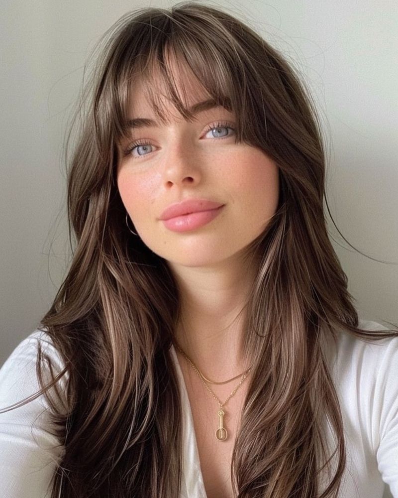 11. Soft Chestnut Layers with Full Brow-Grazing Fringe