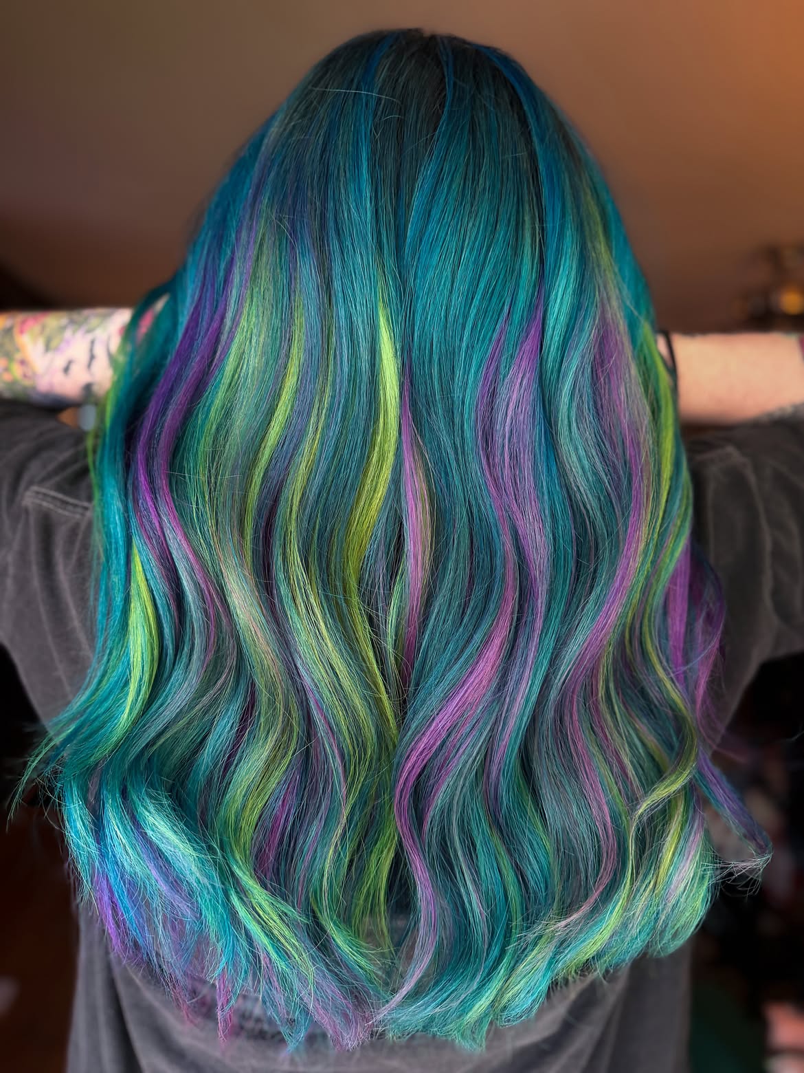 25. Teal Mermaid Waves with Lime and Violet Ribbons