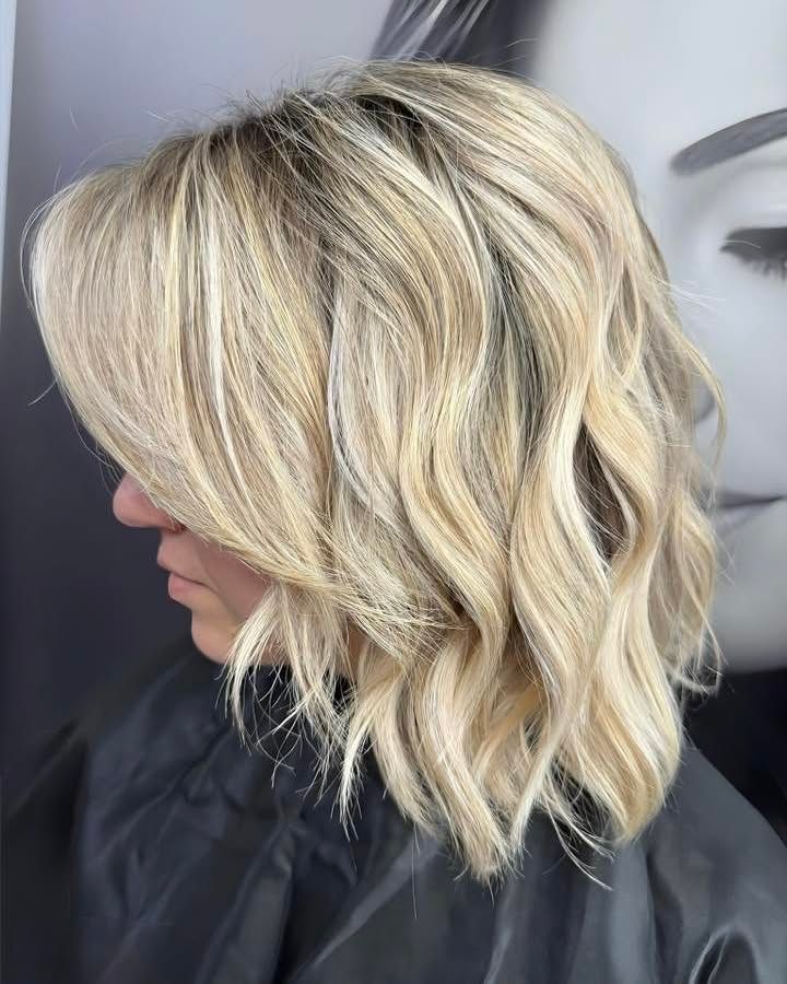 26. Textured Honey Blonde Lob with Long Layers