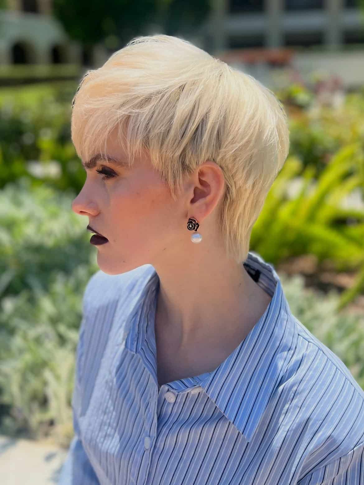 49. Textured Platinum Pixie with Soft Sideburns