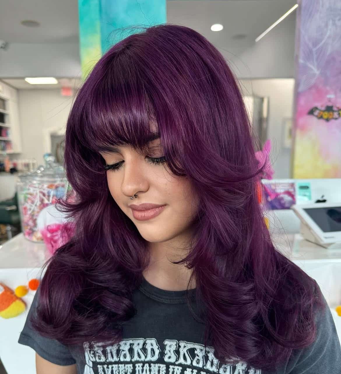 23. Vibrant Violet with Soft Bangs