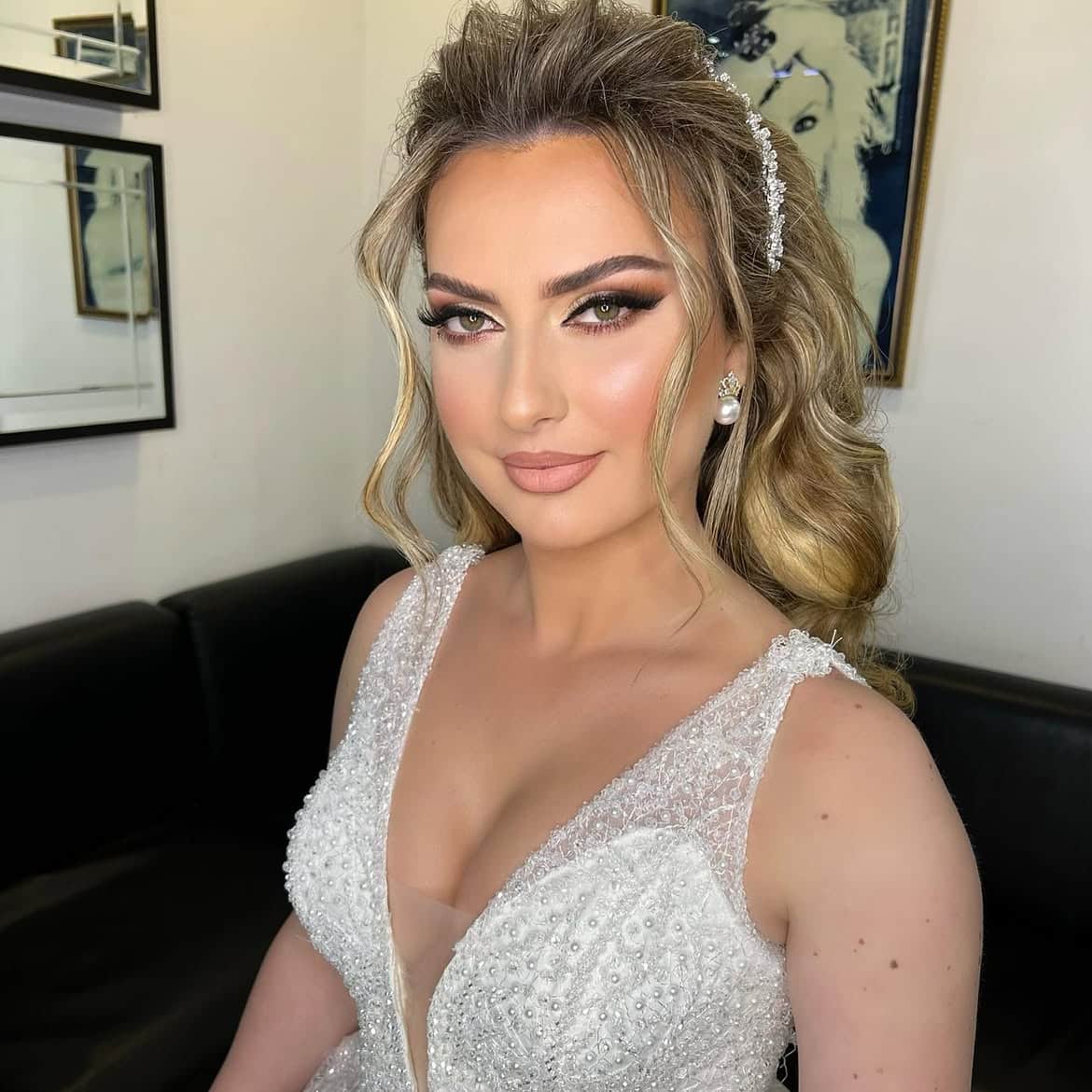 10. Voluminous Half-Up Bridal Waves with Crystal Headband