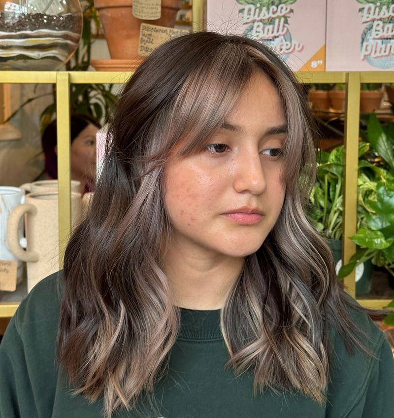 24. Ash Brown Curtain Bangs with Icy Blonde Money Pieces