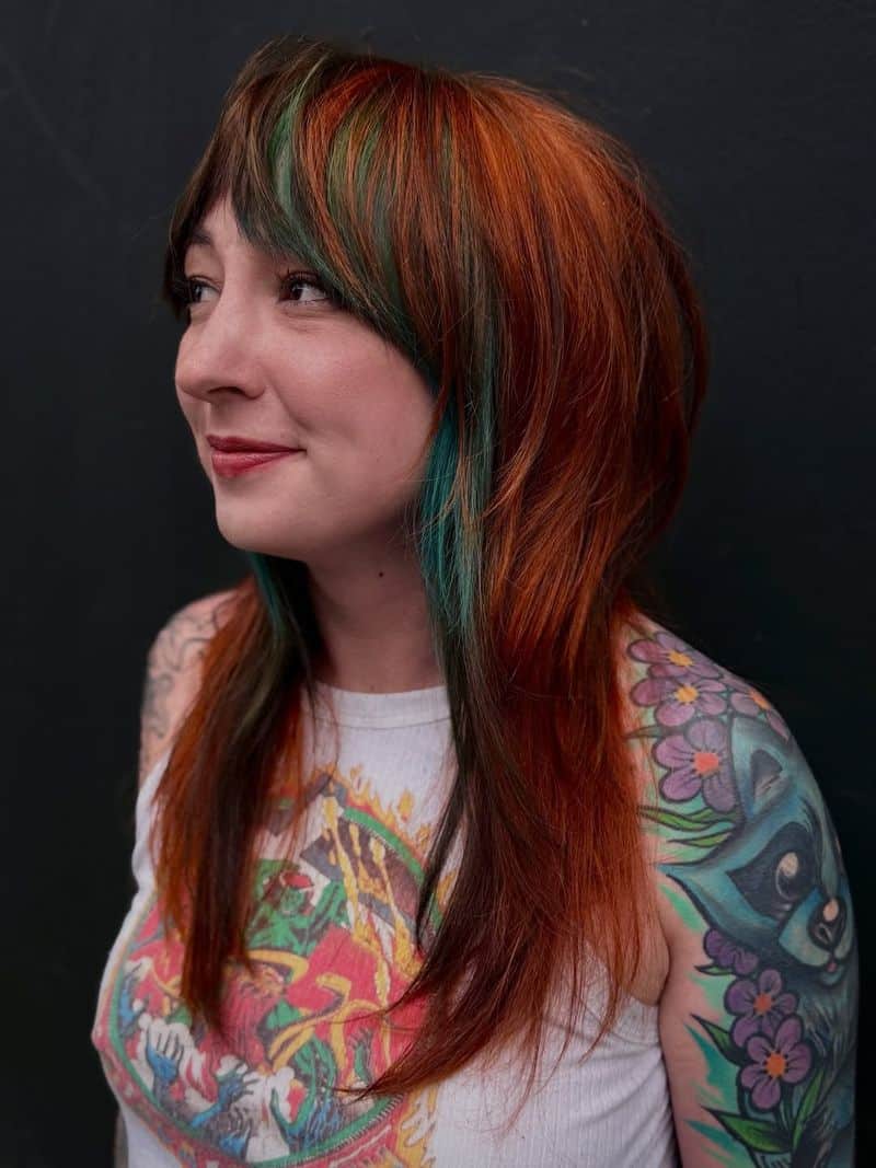 19. Auburn and Teal Layered Shag
