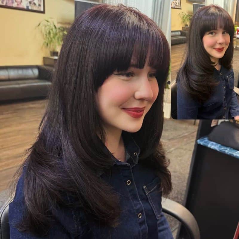 53. Black Cherry Layered Blowout with Full Bangs