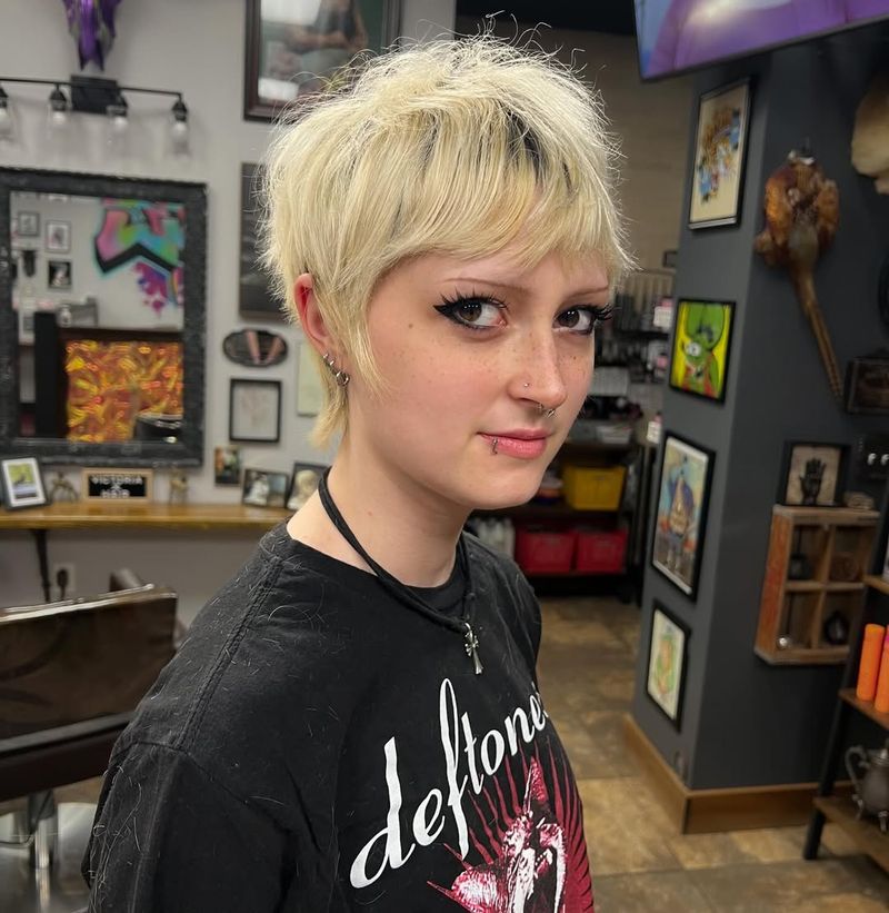 39. Bleach Blonde Shaggy Pixie with Dark Roots