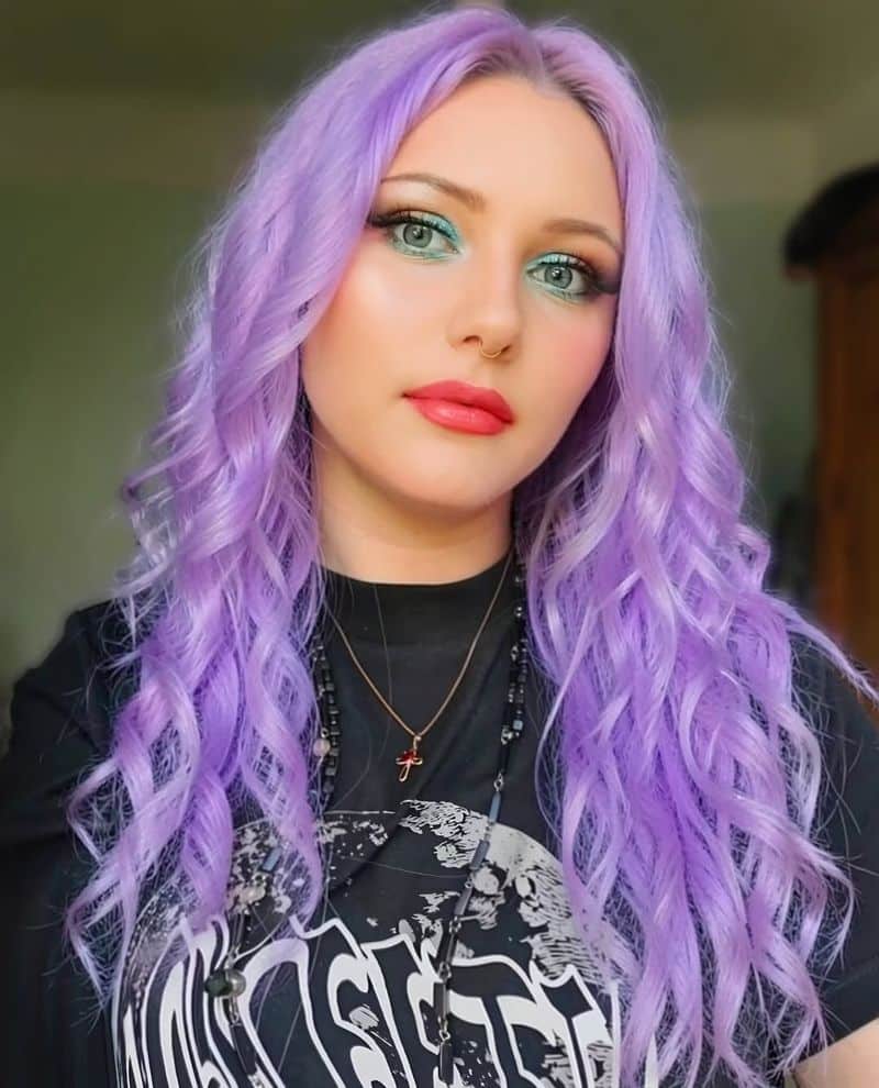 5. Bright Lilac Curls with Turquoise Makeup