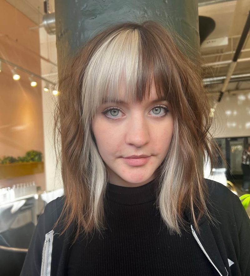 34. Brown Hair with Icy Blonde Money Piece and Bangs