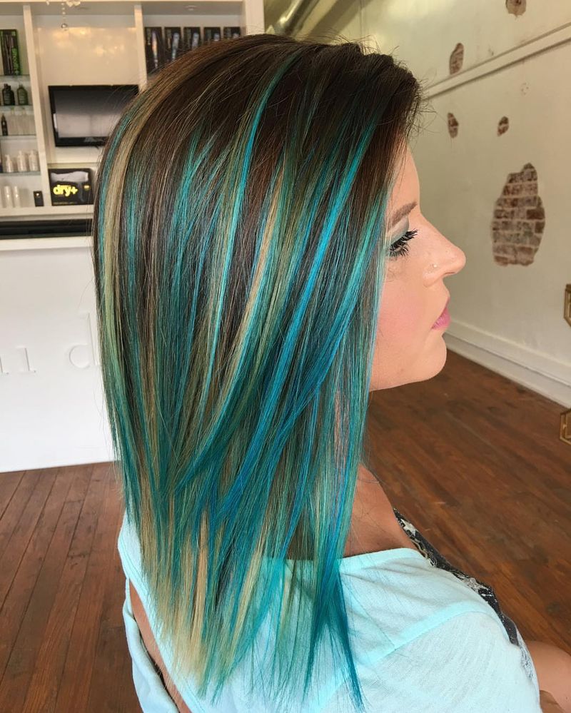 18. Brunette with Teal and Blonde Foils