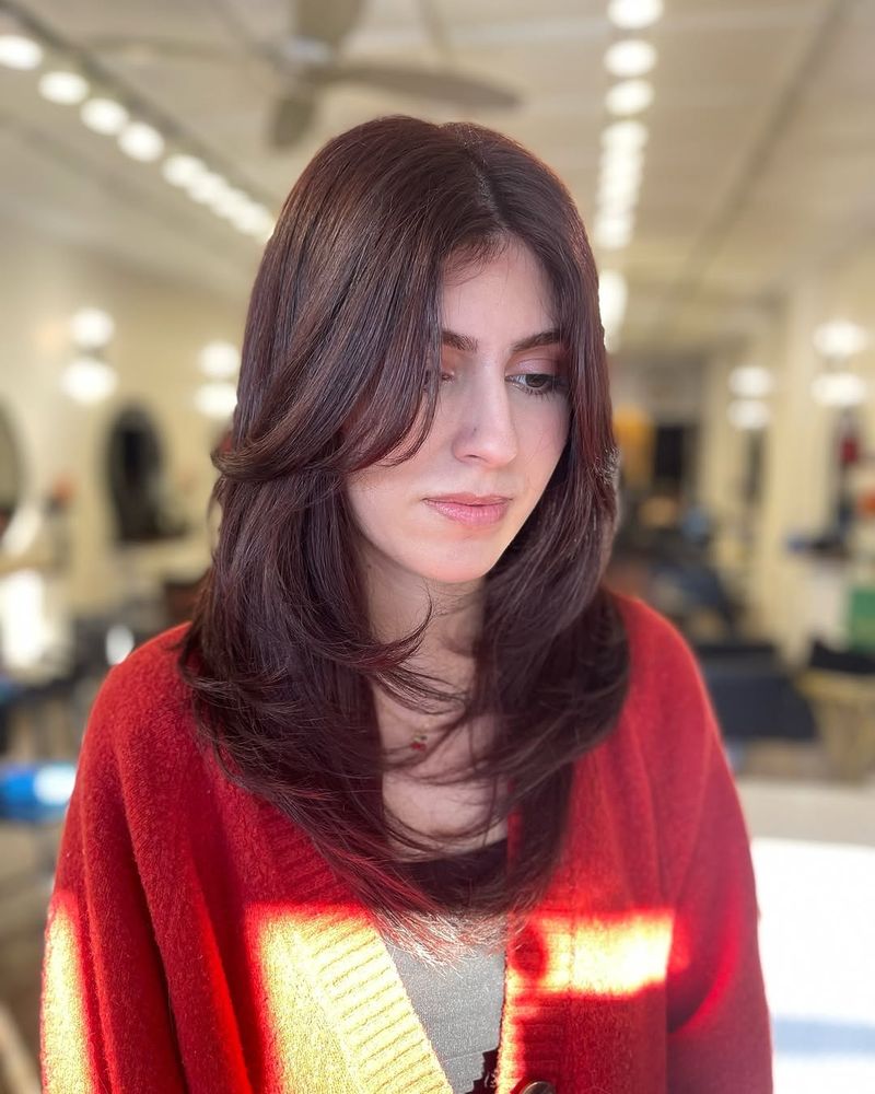 27. Burgundy Butterfly Layers with Curtain Bangs