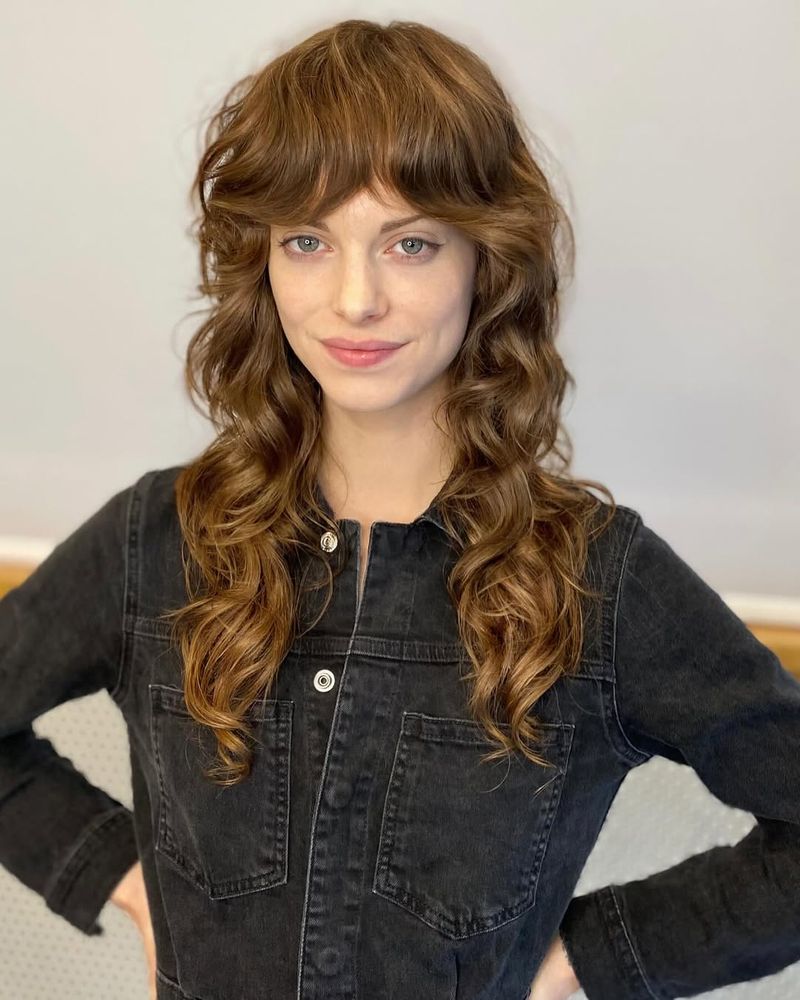 40. Caramel Curls with Retro Fringe
