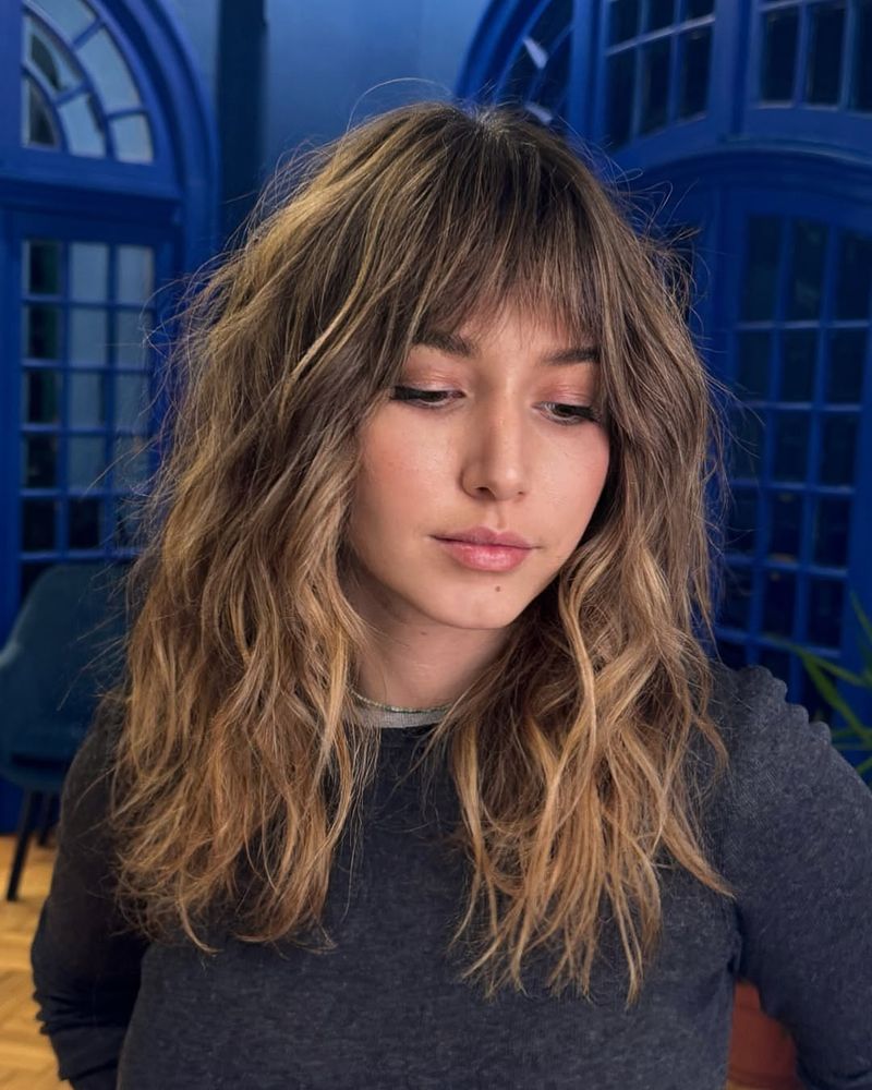 22. Caramel Highlighted Shag with Full Fringe