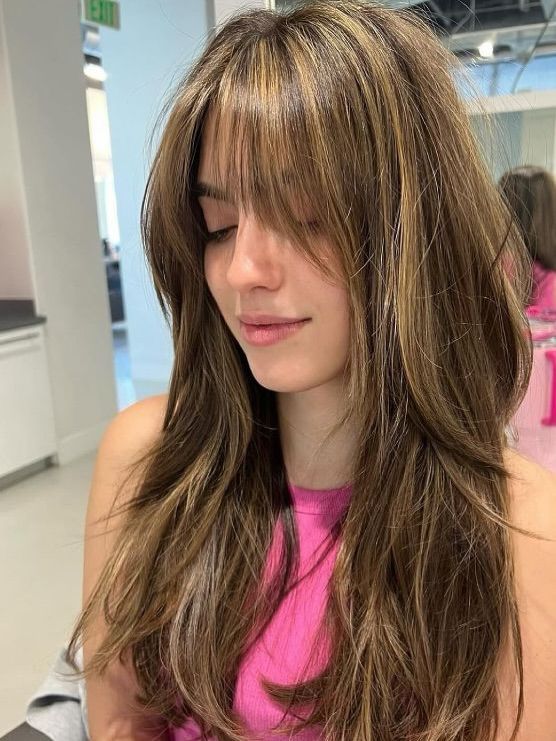 26. Caramel Highlighted Shag with Wispy Fringe