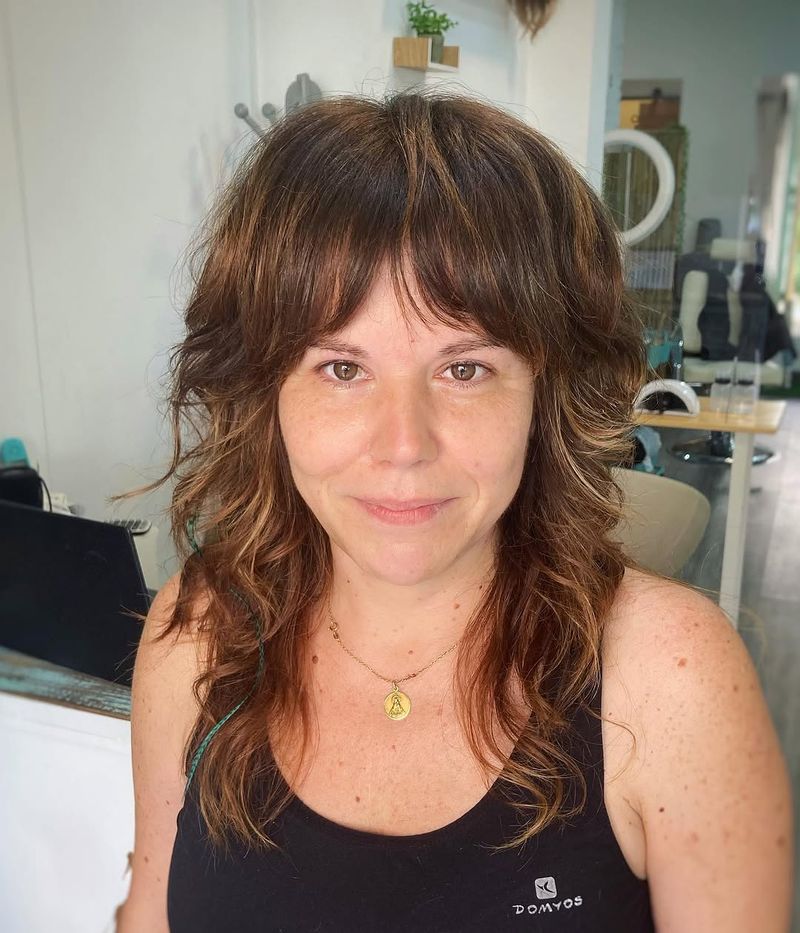 6. Chestnut Brown Shag with Piecey Brow-Skimming Fringe