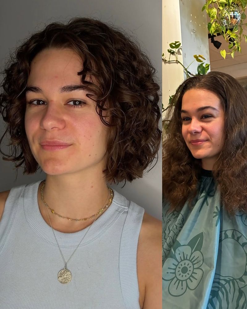19. Chestnut Curly Bob with Before and After Transformation