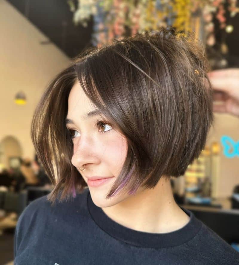 50. Chestnut French Bob with Subtle Purple Peekaboo Highlights