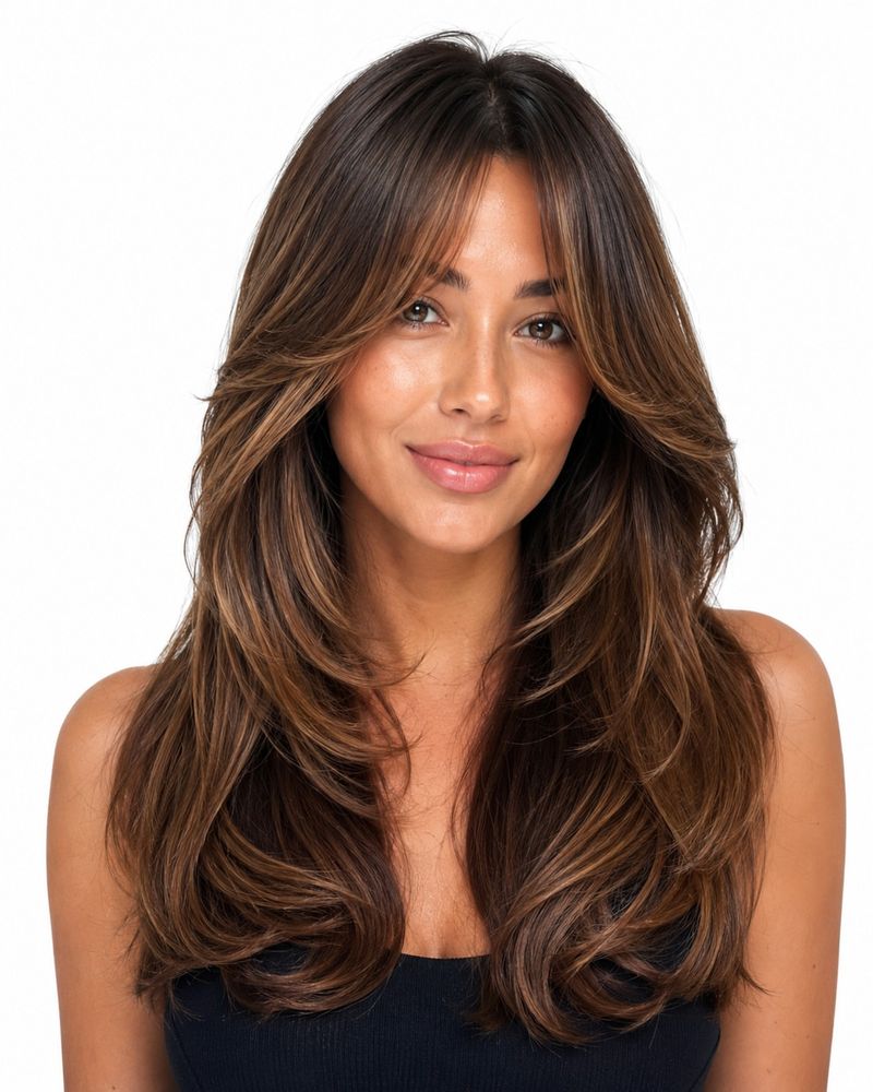 35. Chestnut Layers with Soft Curtain Bangs