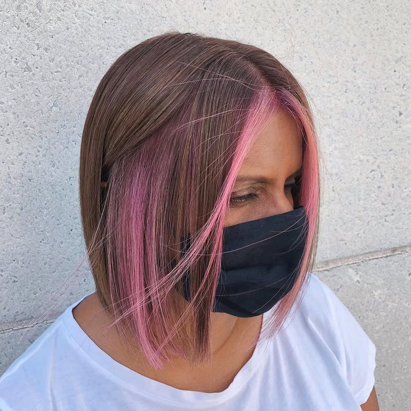 30. Chestnut Lob with Bubblegum Pink Money Pieces