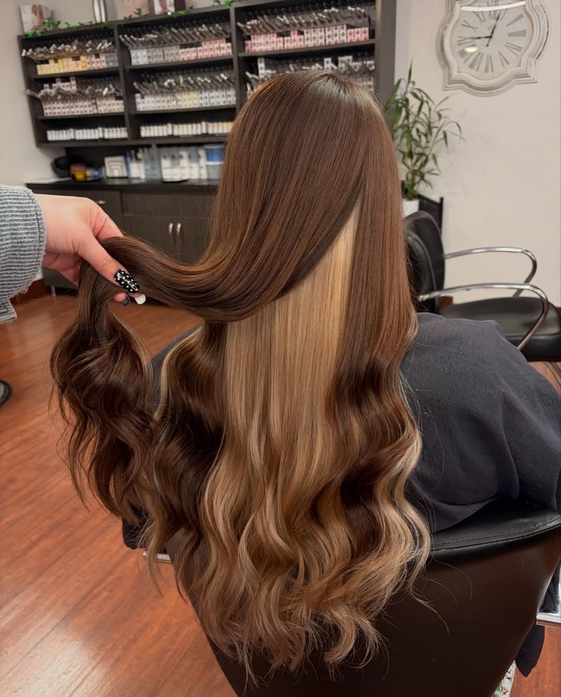 54. Chestnut and Warm Blonde Peekaboo Highlights