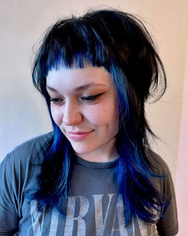 38. Choppy Mullet with Baby Bangs and Peekaboo Blue