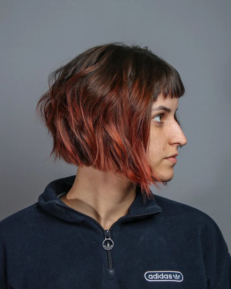 21. Copper Dip-Dyed Angled Bob with Micro Bangs