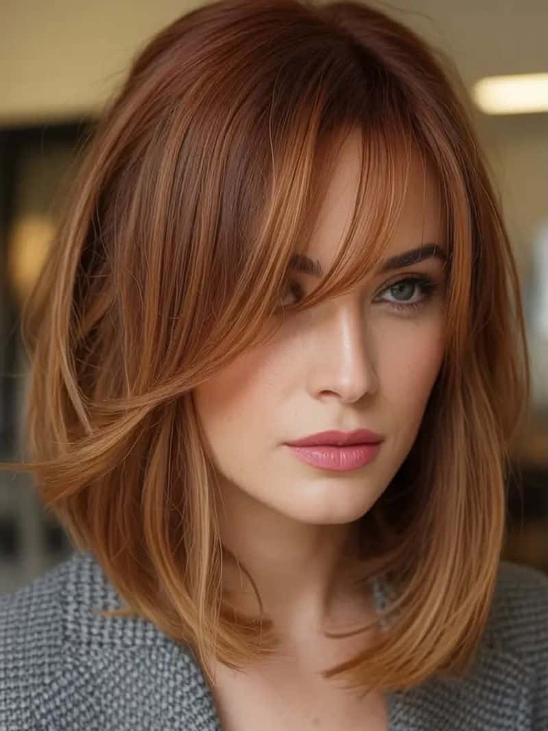6. Copper Lob with Side Swept Bangs