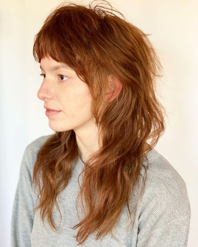 7. Copper Shag Mullet with Baby Bangs