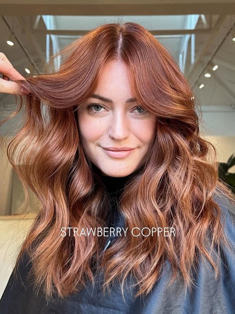 34. Curtain Bangs with Soft Red Waves