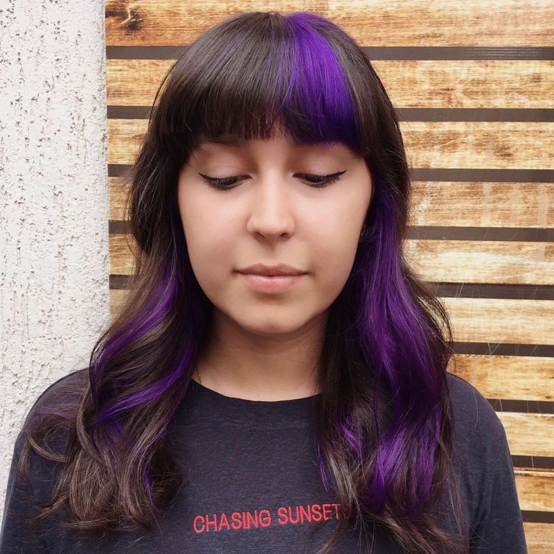 32. Dark Brown Base With Vibrant Violet Money Pieces And Bang Peekaboo